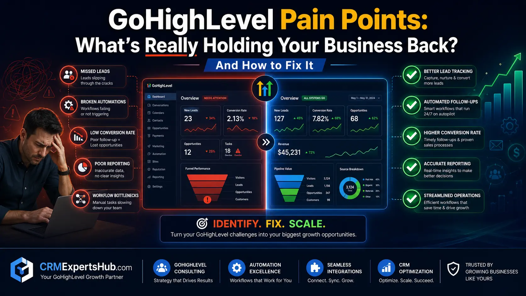 Professional CRM themed banner showing GoHighLevel pain points on one side and streamlined automation solutions on the other