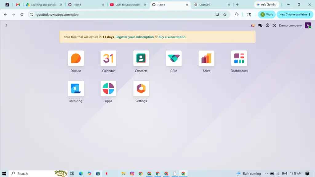 Odoo dashboard with app icons Discuss Calendar Contacts CRM Sales Dashboards Invoicing Apps Settings on a light purple background