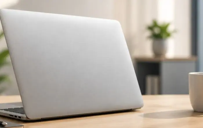 Laptop on a light wooden desk with a white mug potted plants and a cityscape window view