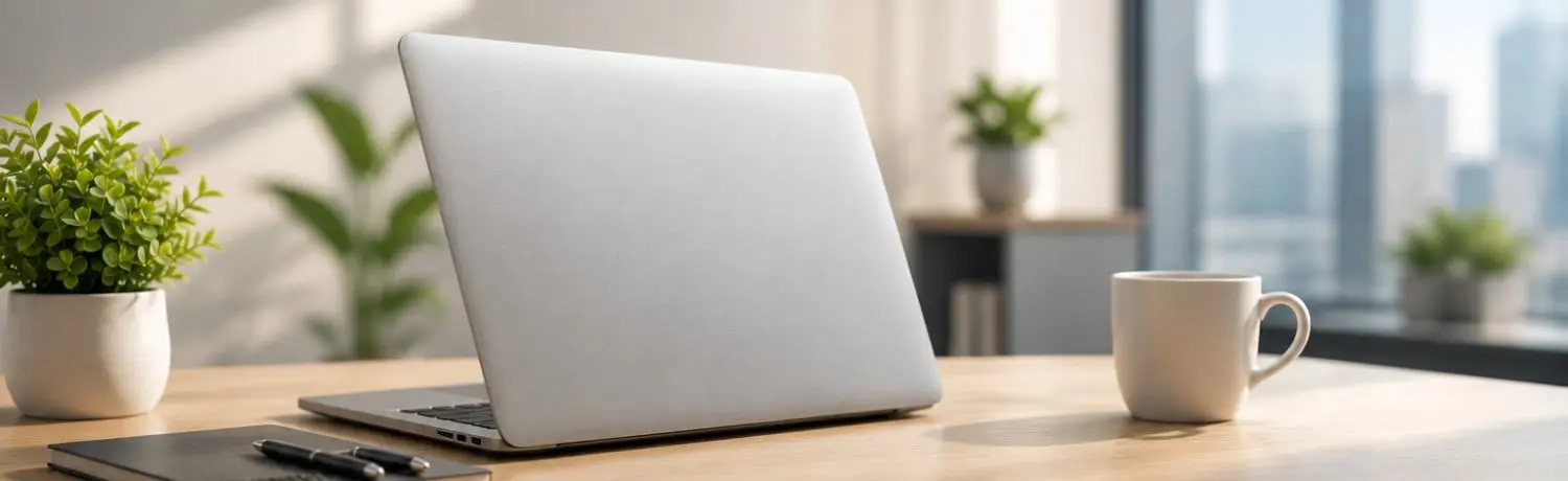 Laptop on a light wooden desk with a white mug potted plants and a cityscape window view