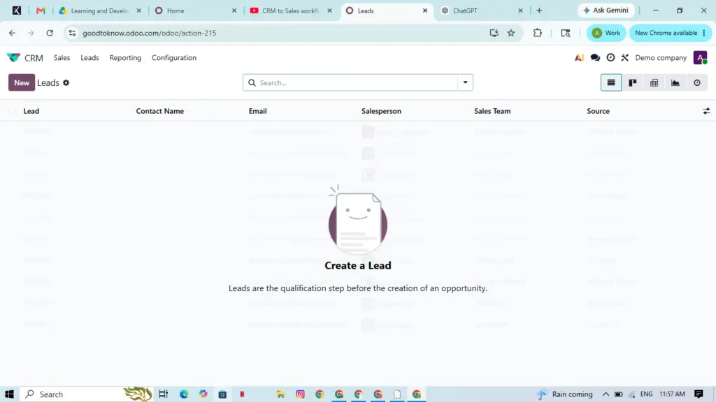 Center screen illustration a smiling document icon with the text Create a Lead prompting lead creation in CRM