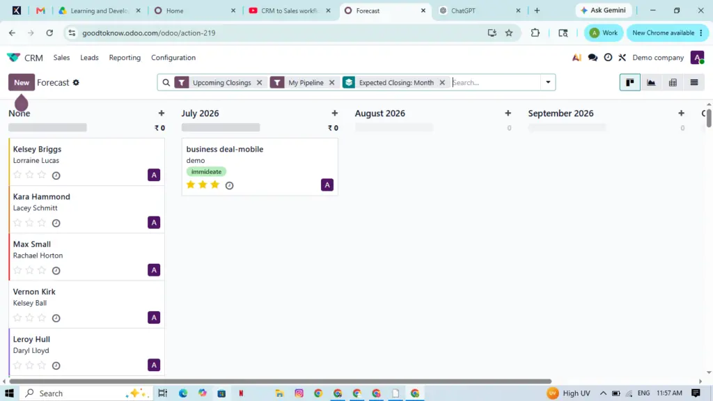 CRM forecast Kanban board with columns None July 2026 August 2026 September 2026 and deal cards eg business deal mobile in July 2026