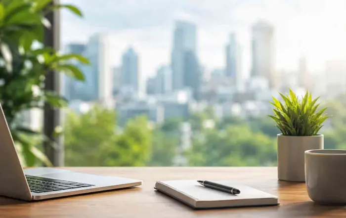 banner image 1 CRM Experts HUB A laptop notebook with pen plant and mug on a wooden desk with a blurred cityscape outside the window