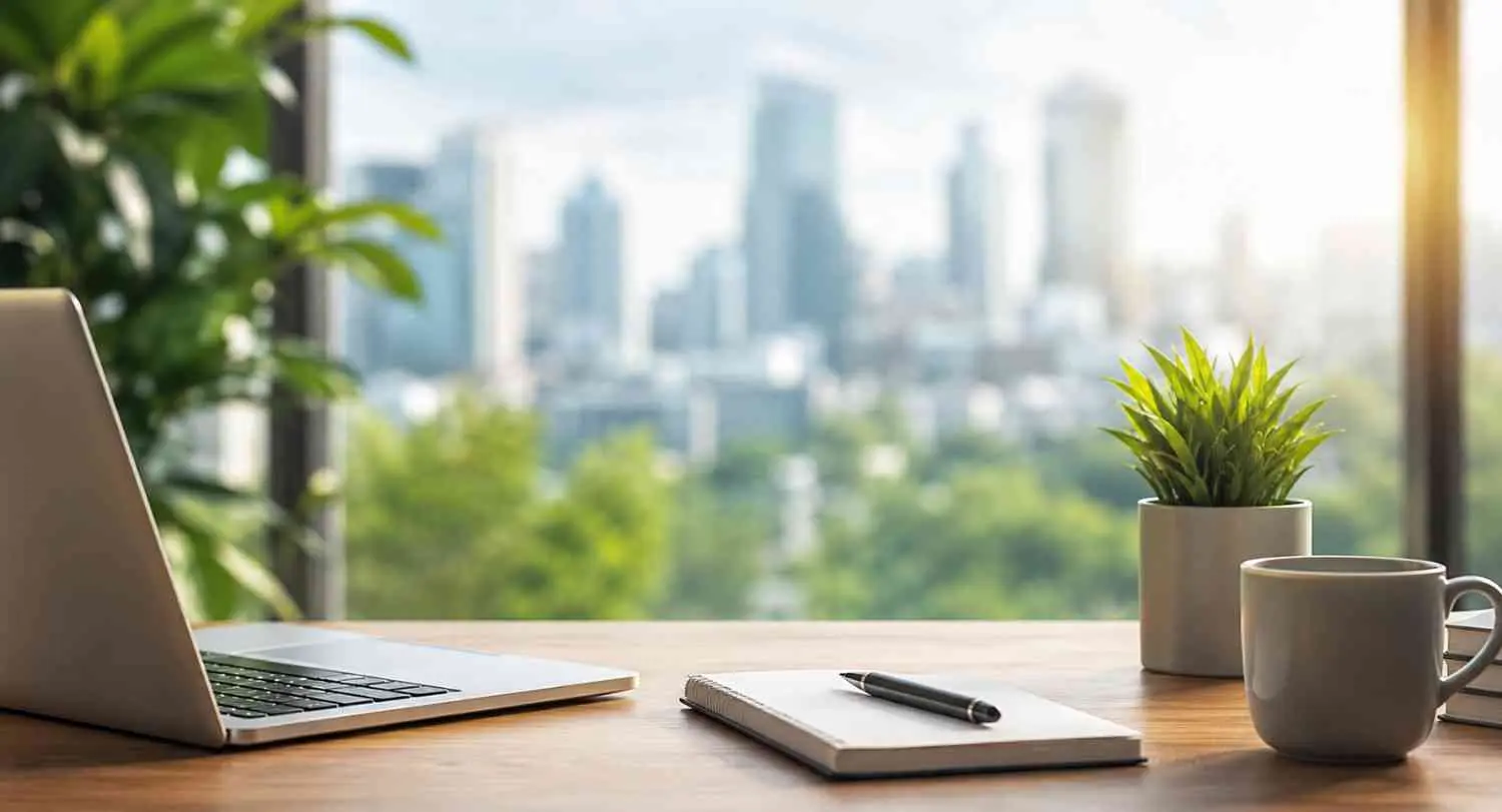 banner image 1 CRM Experts HUB A laptop notebook with pen plant and mug on a wooden desk with a blurred cityscape outside the window