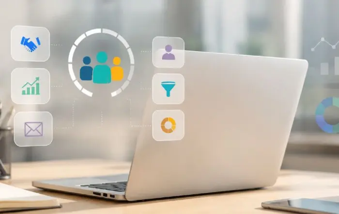 Laptop on a desk with floating icons for teams charts email and filters depicting teamwork and data analytics in a modern office setting