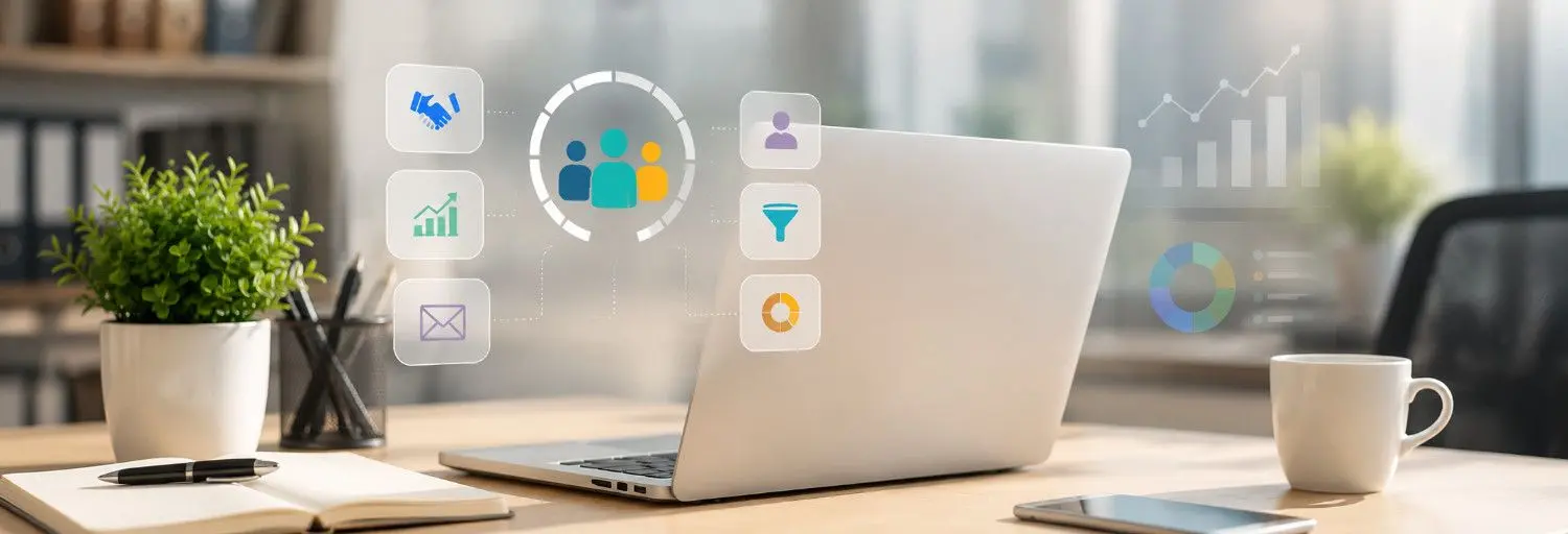 Laptop on a desk with floating icons for teams charts email and filters depicting teamwork and data analytics in a modern office setting