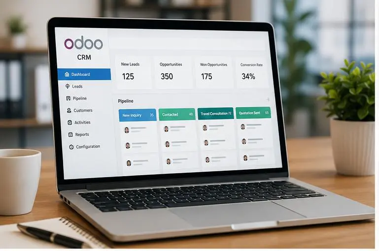 Laptop on a wooden desk showing the Odoo CRM dashboard with metrics and pipeline cards on screen