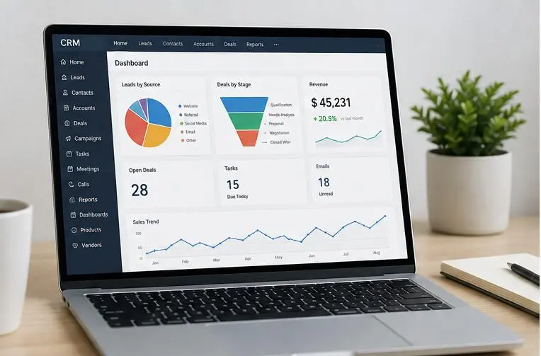 1zohocr CRM Experts HUB CRM Experts HUB Laptop shows a CRM dashboard leads by source pie chart deals by stage funnel revenue 231 and a trend chart