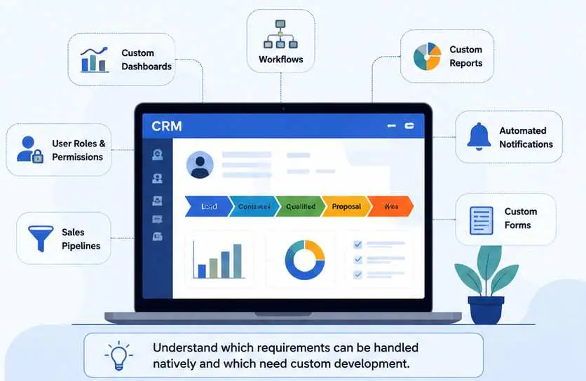 Illustration of a CRM dashboard on a laptop screen with charts and flow tabs surrounded by labeled features Custom Dashboards Workflows Custom Reports Automated Notifications Custom Forms User Roles  Permissions and Sales Pipelines