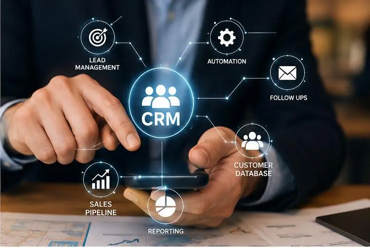 CRM hub with connected modules lead management automation follow ups customer database sales pipeline and reporting displayed as glowing icons around a central CRM circle on a persons hands holding a smartphone