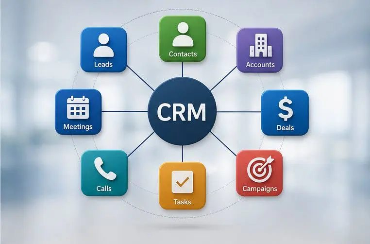 2zohocr CRM Experts HUB CRM Experts HUB Central CRM hub connected to icons for Leads Contacts Accounts Deals Campaigns Tasks Calls and Meetings