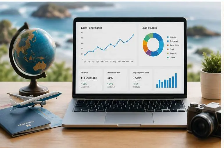 Laptop on a wooden desk showing a dashboard with line donut and bar charts a globe passport toy airplane camera and a potted plant sit nearby implying travel analytics or business analytics for travel