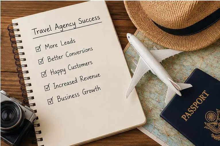 Notebook titled Travel Agency Success with a checklist More Leads Better Conversions Happy Customers Increased Revenue Business Growth