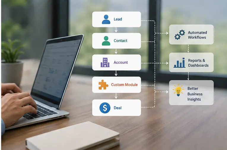 4zoho CRM Experts HUB CRM Experts HUB Business workflow infographic showing stages Lead Contact Account Custom Module and Deal connected to Automated Workflows Reports Dashboards and Better Business Insights