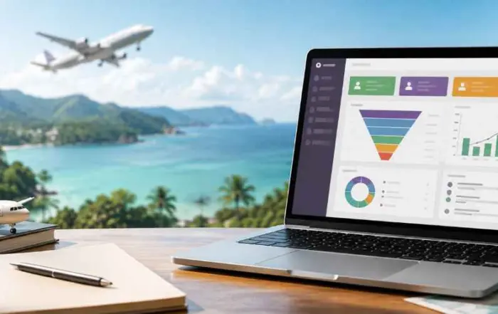 Laptop on a wooden desk displaying business dashboards with a beach and palm trees outside the window and an airplane taking off in the sky plus travel gear nearby suitcase hat passport