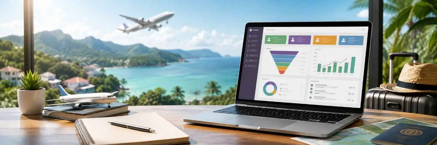 Laptop on a wooden desk displaying business dashboards with a beach and palm trees outside the window and an airplane taking off in the sky plus travel gear nearby suitcase hat passport