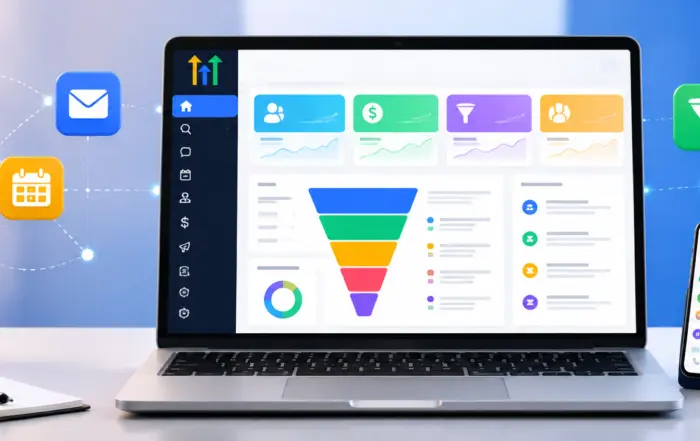 Blogbannerfull GuideGHL CRM Experts HUB Laptop with analytics dashboard and funnel graphic surrounded by floating app icons and charts on a bright desk