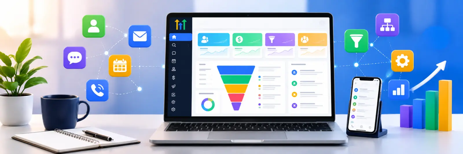 Laptop with analytics dashboard and funnel graphic surrounded by floating app icons and charts on a bright desk
