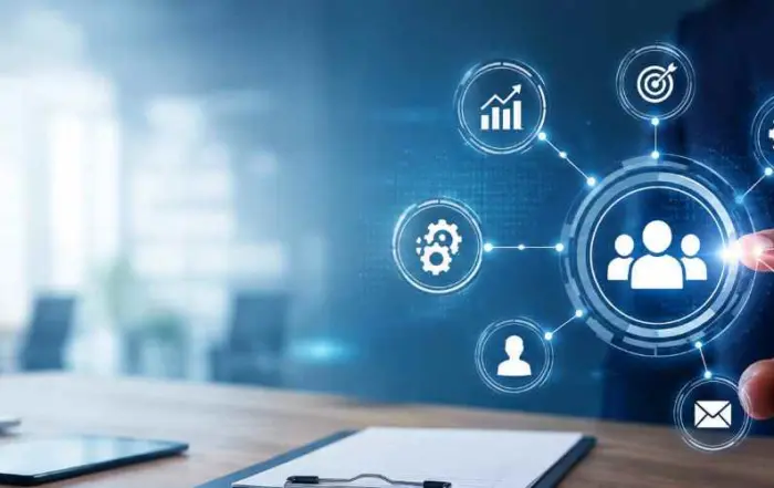 Hand touching a holographic network hub with a group icon at the center connected to icons for settings chat globe and charts over a blue tech background collaboration concept