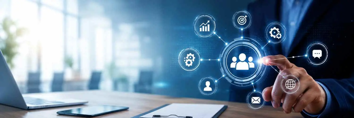 Hand touching a holographic network hub with a group icon at the center connected to icons for settings chat globe and charts over a blue tech background collaboration concept