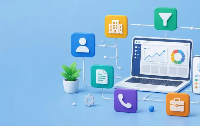 Laptop showing charts on a dashboard surrounded by colorful app icons on a blue background