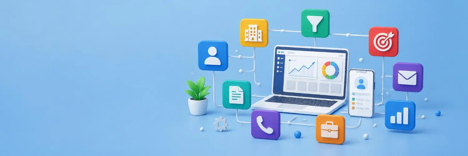 zoho blog banner CRM Experts HUB Laptop showing charts on a dashboard surrounded by colorful app icons on a blue background