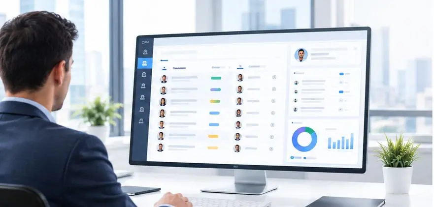 Businessman in a suit views a large monitor displaying a dashboard with user profiles and charts