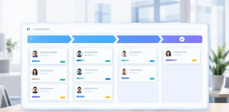 Kanban style project board on a laptop screen with four columns each containing cards showing user avatars status bars and action indicators colors for task progress