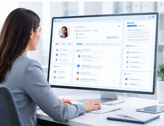 Woman in a gray blazer at a desk looking at a large monitor displaying a multi panel software dashboard