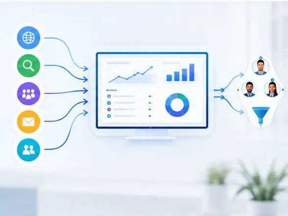 Infographic a monitor displays charts while colored icons globe search group mail users feed data into it and funnel into profile slots on the right