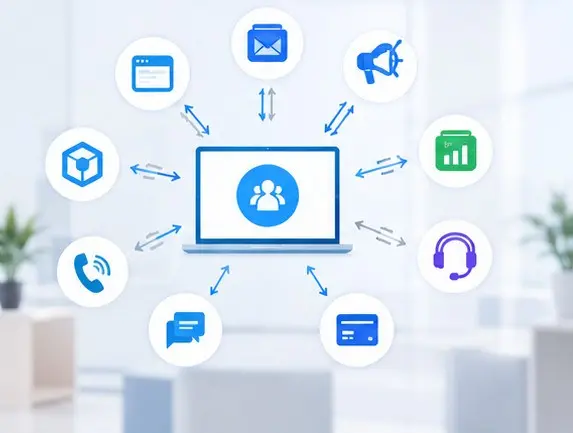 Central laptop showing a user group icon linked to icons for email chat calls analytics headset payments and moreillustrating a digital collaboration hub