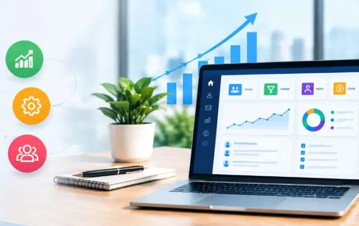 Laptop on a wooden desk showing a data analytics dashboard with charts surrounded by colorful icons and a cloud graphic for collaboration and analytics growth