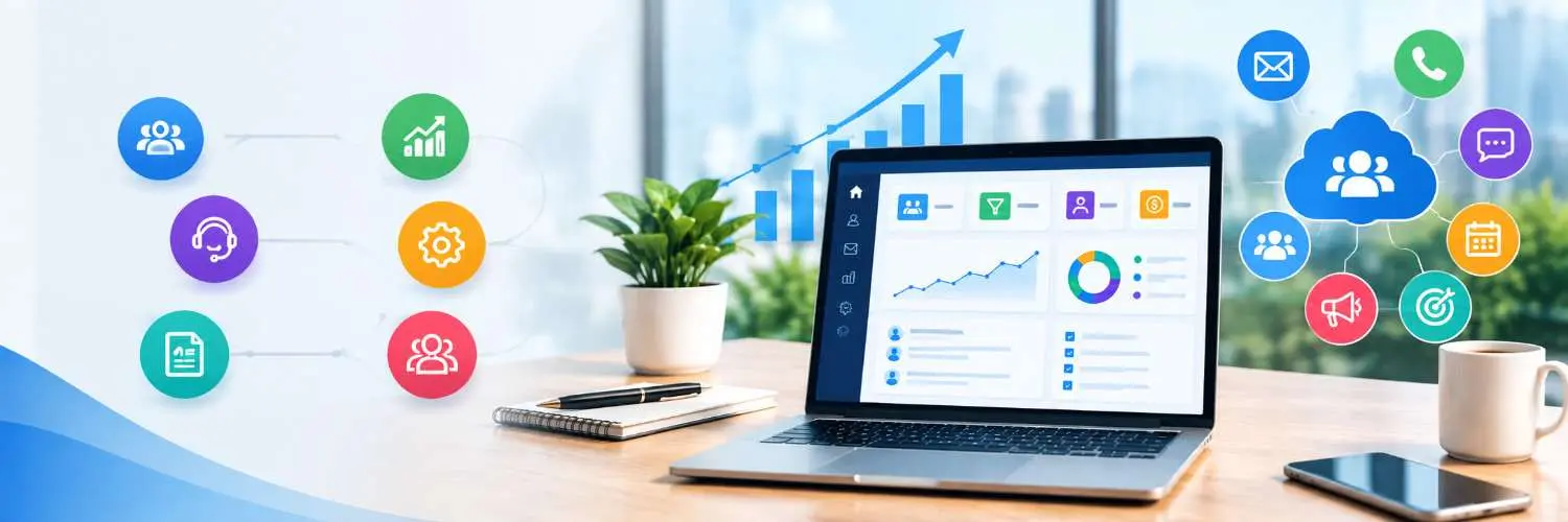 Laptop on a wooden desk showing a data analytics dashboard with charts surrounded by colorful icons and a cloud graphic for collaboration and analytics growth