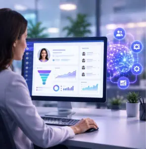 Businesswoman viewing a data dashboard on a desktop monitor with charts and graphs holographic analytics icons to the right