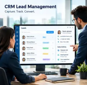 Team reviews a CRM lead management dashboard on a desktop monitor showing a leads list and a profile pane
