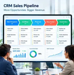 Two professionals seated at a desk viewing a large dashboard showing CRM sales pipeline stages and charts in an office setting