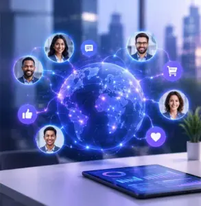 Global glowing network with diverse avatars around a digital globe connected by blue lines and social icons like chat cart indicating online collaboration and connectivity