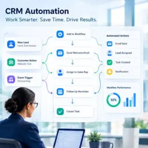 CRM Automation workflow diagram showing steps from New Lead to Create Task with icons and a Workflow Performance 92 chart in a light bluish UI