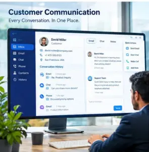 Person at a desk viewing a large monitor that shows a customer communications app with a contact profile and message history