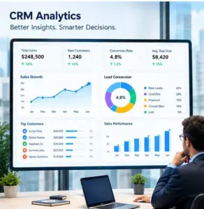 Dashboard screen showing CRM analytics with sales conversions lead sources and performance charts beside a businessperson at a desk