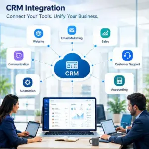 CRM integration diagram a central cloud CRM connected to Website Email Marketing Sales Customer Support Accounting Automation and Communication two coworkers at a desk in an office