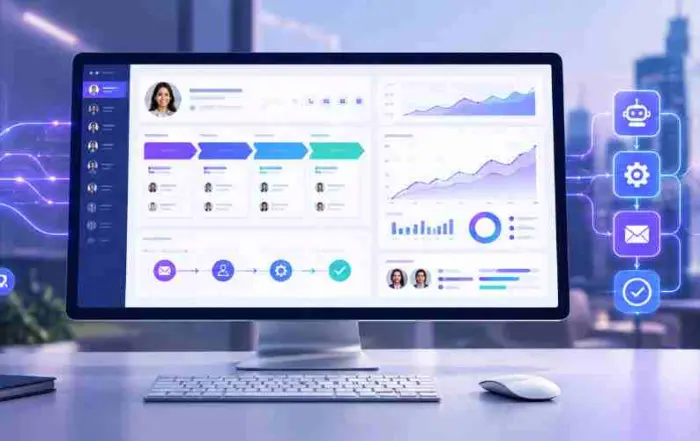 Desktop monitor displays a data analytics dashboard with charts and graphs in a modern office setup with avatars floating in a neural network visualization on the left and icons on the right for collaboration and AI
