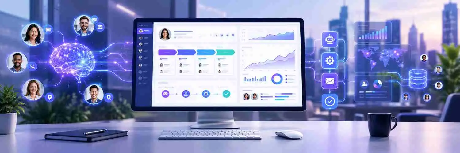 Desktop monitor displays a data analytics dashboard with charts and graphs in a modern office setup with avatars floating in a neural network visualization on the left and icons on the right for collaboration and AI