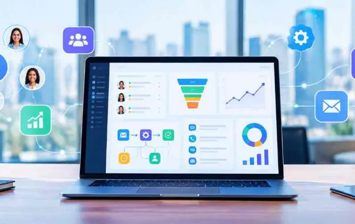 Modern CRM Dashboard Workspace55kb CRM Experts HUB Laptop on a desk showing a digital dashboard with floating icons for analytics communication and growth
