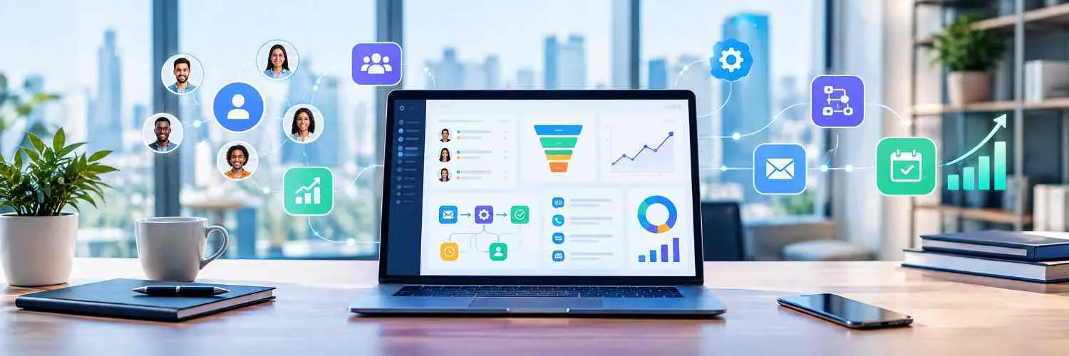 Laptop on a desk showing a digital dashboard with floating icons for analytics communication and growth
